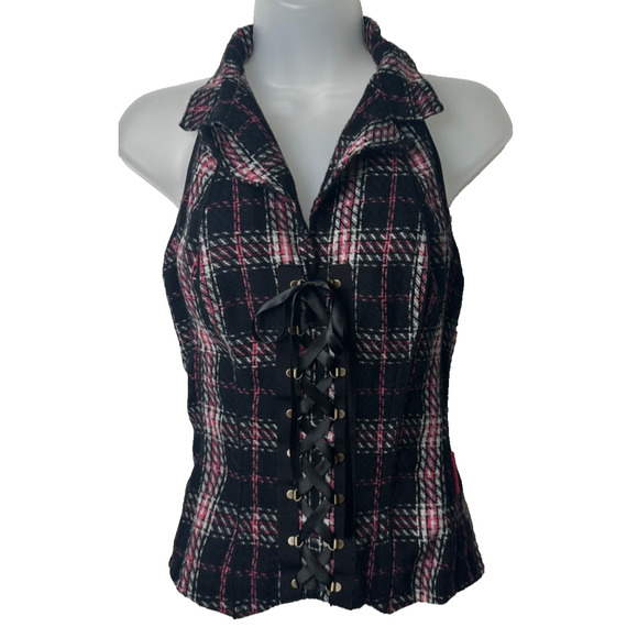 Tripp NYC Halter Corset Pink Black Tie Up Front Zip Back M VTG Y2K Club Lace D1 - Picture 1 of 8